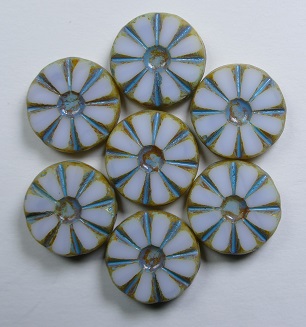 0140273 Alabaster White Picasso Aqua Washed sunflower beads 12 mm color 02010-86800-54308