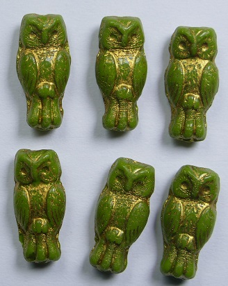 owl-53420-54302 owl beads opaque olivine gold washed color 53420-54302
