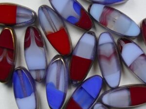0090464 Mixed Opaque/Opal Blue, Red, White Bronze Luster Oval Ship Bead Table Cut. 6 Pc. - Afbeelding 1