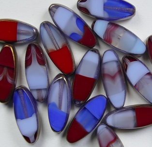 0090464 Table cut Oval Ship Beads 16x6 mm Mixed Opaque-Opal Blue, Red, White Bronze Luster color R0369-14415
