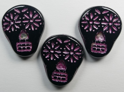 0010525 Day of the Dead Sugar Skull beads Jet Fuchsia color 23980-54321