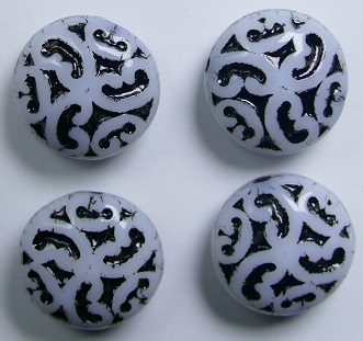 0010527 White Alabaster Black Washed Lentil beads with ornament 14 mm color 02010-54313