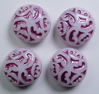 0070466 White Alabaster Fuchsia Washed Lentil beads with ornament 14 mm color 02010-54321