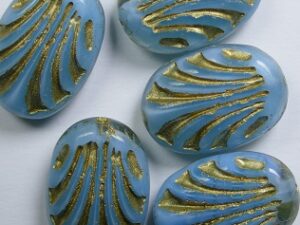 0090467 Opaque Aqua Gold Washed Oval Beads with Ornament, 17x12 mm 3 Pc.
