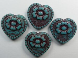 0100583 Hearts with Flower Dark Green Turquoise Garnet Washed 4 Pc - Afbeelding 1