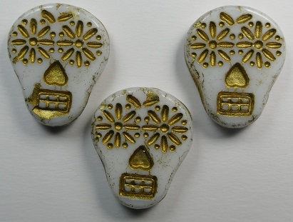 0140284 Day of the Dead Sugar Skull beads White Alabaster Gold color 02010-54302