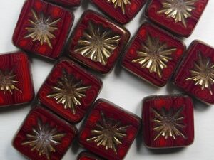 0050331 Dark Opal Red Melee Bronze Washed Squared Kiwi Table Cut Bead. 6 Pc.