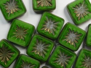0100589 Green Opal Bronze Washed Squared Kiwi Table Cut Bead. 6 Pc.