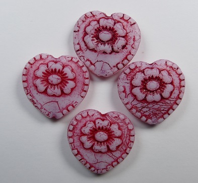 0050332 Hearts with flower 17×17 mm White Alabaster Red Washed color 02010-54327