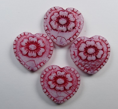 0050332 Hearts with flower 17x17 mm White Alabaster Red Washed color 02010-54327