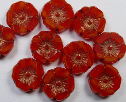 0050337 Table Cut Hawaiian Flowers 12 mm Opal Orange Red Bronze Washed color 91220-54319