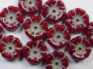 0050338 Opal Dark Red Antique Copper Washed Flower Beads 6 Pc.