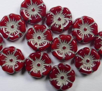 0050338 Hawaiian Flowers 12 mm Opal Dark Red Antique Copper Washed color 91260-54324