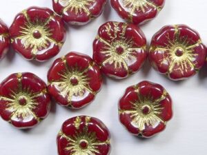 0050339 Opal Dark Red Gold Washed Flower Beads 6 Pc.