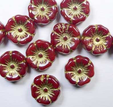 0050339 Hawaiian Flowers 12 mm Opal Dark Red Gold Washed color 91260-54202