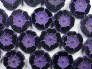 0080725 Jet Purple Etched Table Cut Flower Beads 6 Pc.