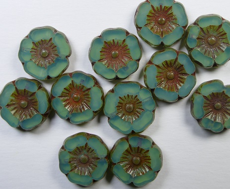 0100599 Table Cut Hawaiian Flowers 12 mm Opal Aqua Green Travertin color 61100-86800
