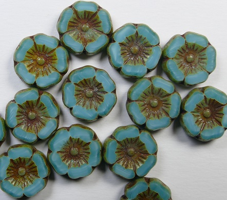 0100600 Table Cut Hawaiian Flowers 12 mm Dark Opaque Azur Turquoise Travertin color 54220-86800