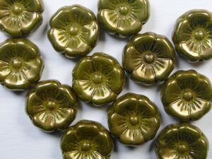 0100601 Opaque Green Bronze Washed Flower Beads 6 Pc.