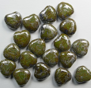 0100588 Opaque Olive Green Silver Picasso Heart Beads 8×8 mm. color 53420-43400