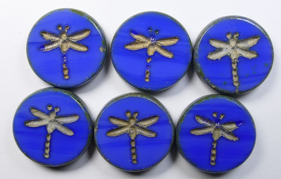 0090484 Table Cut Dragonfly Beads 17 mm Opaque Sapphire Travertin Gold Washed color 33040-86800-54302
