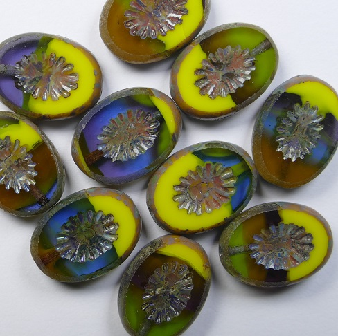 0130158 Table Cut Kiwi Beads 14x10 mm Opaque Transparant Mixed Yellow Green Brown Blue Travertin color 28305-86800