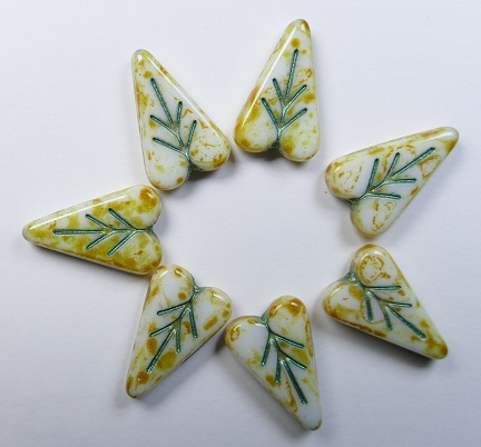 0140298 Heart Leaf Beads 16x11 mm White Alabaster Travertin Metallic Green Inlay color 02010-86800-43814