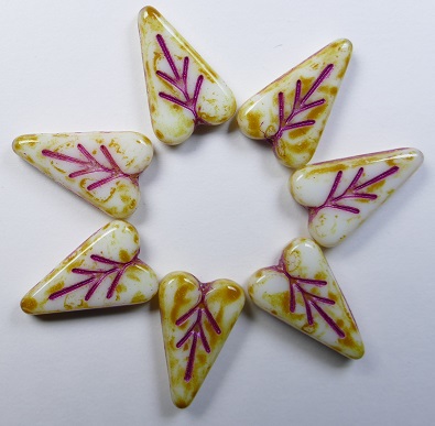0140299 Heart Leaf Beads 16x11 mm White Alabaster Travertin Hot Pink Inlay color 02010-86800-43807