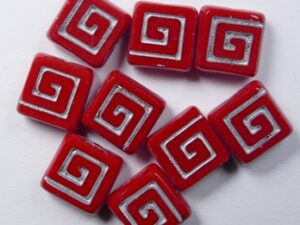 0050344 Table Cut Celtic Squares Opaque Red Silver Washed 6 Pc. - Afbeelding 1