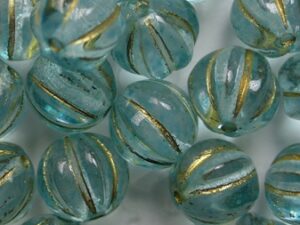 0090486 Crystal Aqua Blue Luster Gold Striped Melon Beads 8 mm 15 Pc.