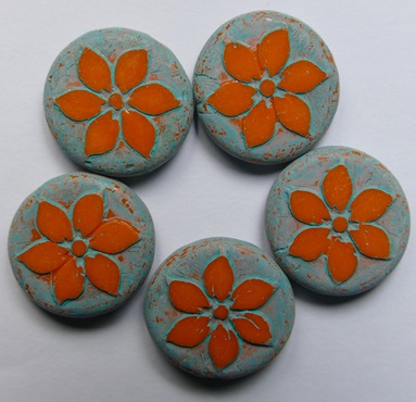 0100611 Flower Bead 18 mm Opaque Orange Green Patina color 93120-84309