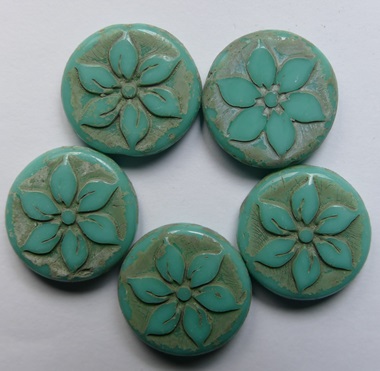 0100612 Flower Bead 18 mm Opaque Turquoise Gray-Green Patina color 63130-84312