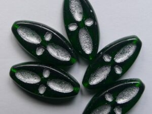 0100614 Bottle Green Silver Inlay Eyed Ship Beads 5 Pc.