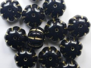 0010545 Opaque Black Gold Striped Pumpkin Beads 8x11 mm 7 Pc.