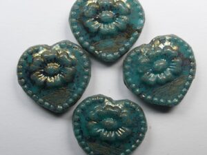 0100623 Dark Green Turquoise Bronze Picasso Hearts with Flower 4 Pc - Afbeelding 1