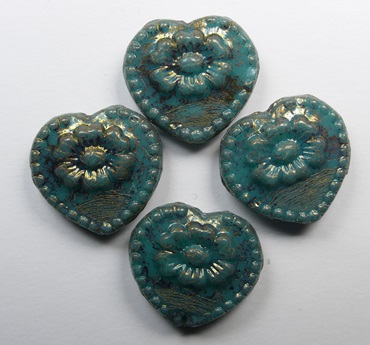 0100623 Dark Green Turquoise Bronze Picasso Hearts with Flower 17x17mm color 63140-15496