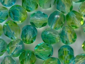 FP1-06-3819K Dual Coated Green Yellow Czech Glass Facet Firepolish 6 mm 25 stuks