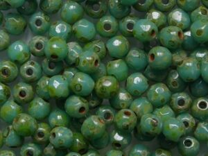 FP1-03-63130T Opaque Green Turquoise Travertin Czech Glass Facet Firepolish 3mm 50 stuks