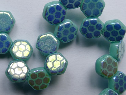 HON-63130-28703HC Opaque Green Turquoise Laser Core AB Honeycomb Beads 6 mm color 63130-28703HC