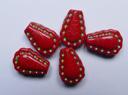 0050355 Opaque Red Metallic Green Washed Lacy Tear Bead 17x12 mm color 93200-43813