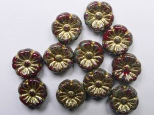 0050357 Crystal Red Travertin Gold Washed Czech Glass Hawai Flower Beads 9,5 mm 10 Stuks