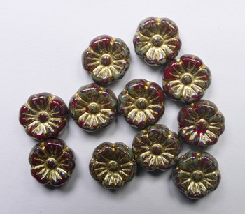 0050357 Crystal Red Travertin Gold Washed Hawai Flower Beads 9,5x4 mm color 97008-86800-54202