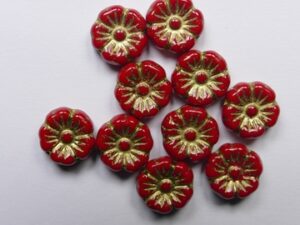 0050358 Opaque Red Gold Washed Czech Glass Hawai Flower Beads 9,5 mm 10 Stuks
