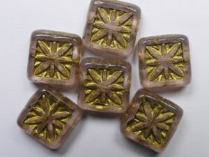 0070489 Rosaline Gold Washed Czech Glass Squared Beads 6 Stuks