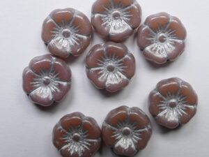 0070490 Rose Opal Silver Washed Czech Glass Hawai Flower Beads 6 Stuks - Afbeelding 1