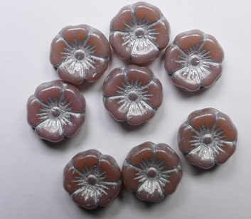 0070490 Rose Opal Silver Washed, Flat Flower Shaped Glass Bead. color 71010-54301