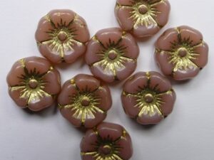 0070491 Rosanine Gold Washed Czech Glass Hawai Flower Beads 6 Stuks