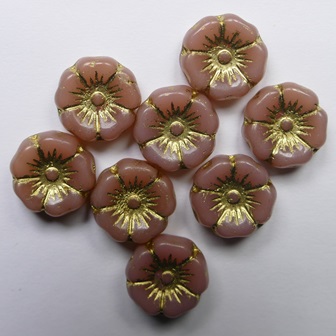 0070491 Rosanine Gold Washed, Flat Flower Shaped Glass Bead. color 73020-54302