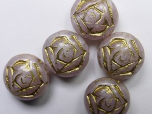 0070493 Pink Wisteria Melee Gold Washed Czech Glass Rose Flower Beads 13 mm 5 Stuks