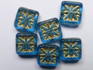 0090503 Aquamarine Gold Washed Czech Glass Squared Beads 6 Stuks - Afbeelding 1